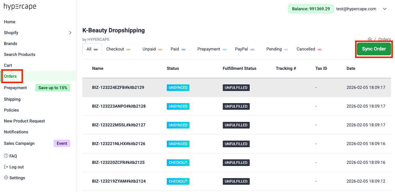 Hypercape BIZ Orders page